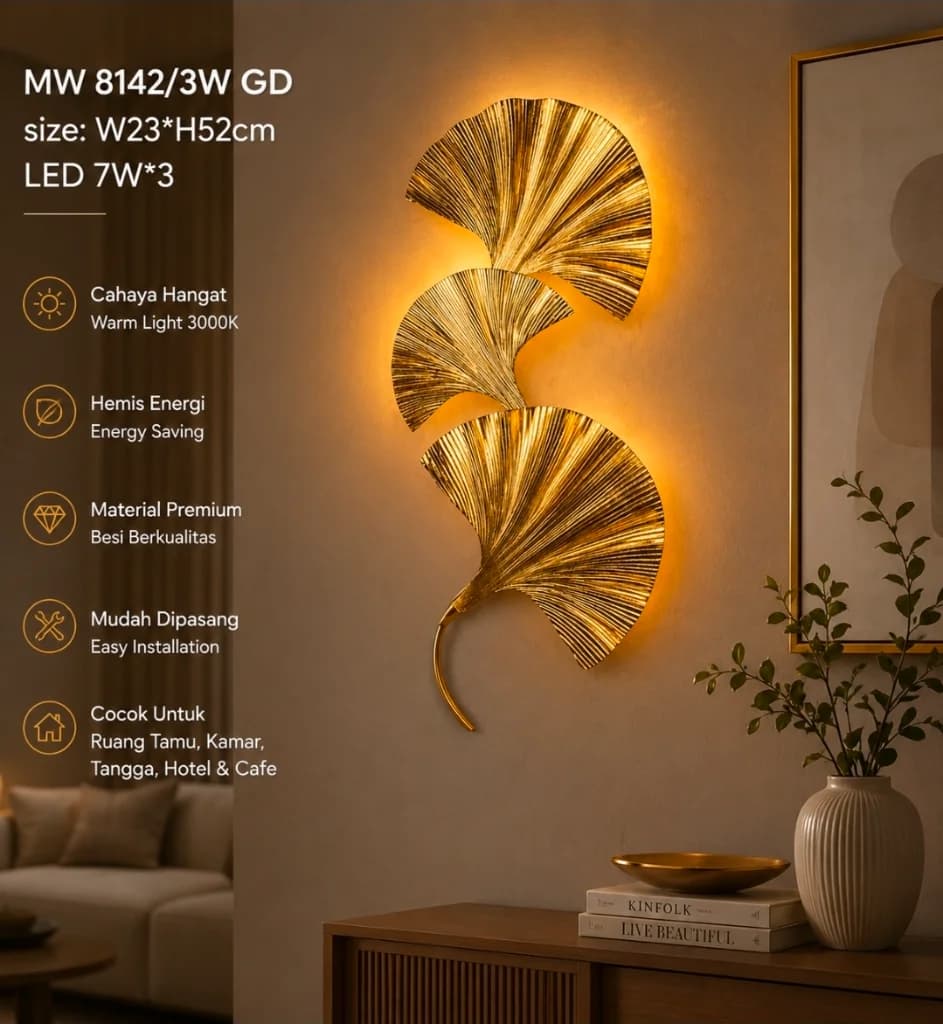 Wall lamp dekoratif dengan desain daun ginkgo mewah 8142/3W GD